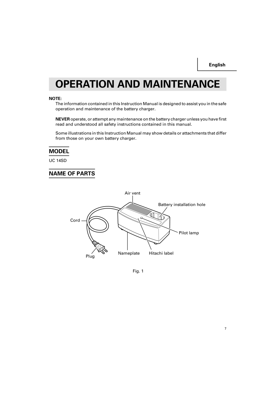 Honeywell UC 14SD instruction manual Operation and Maintenance, Model, Name of Parts 