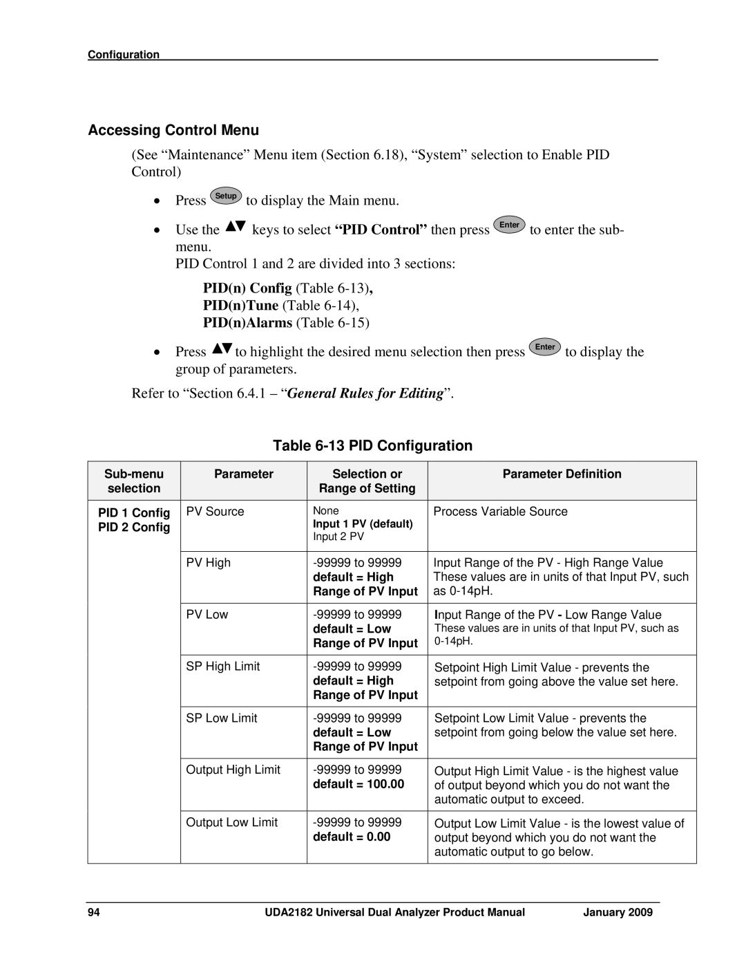 Honeywell UDA2182 manual Accessing Control Menu, PIDn Config Table, PIDnAlarms Table, PID Configuration 