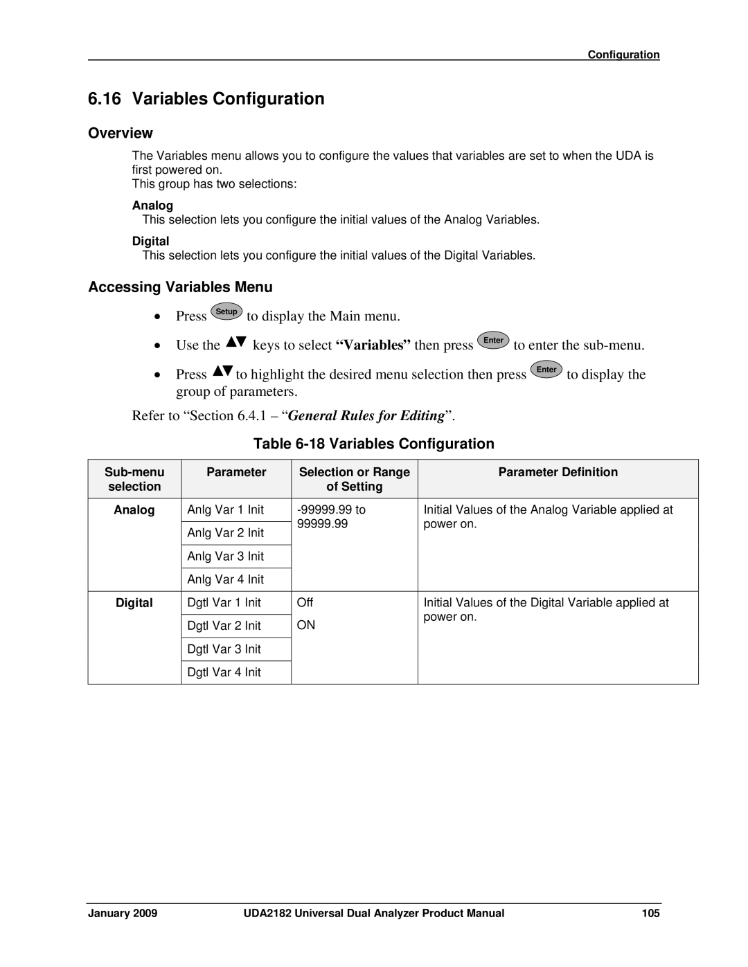 Honeywell UDA2182 manual Variables Configuration, Accessing Variables Menu, Analog, Digital 