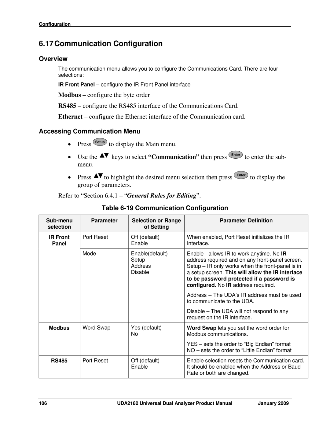 Honeywell UDA2182 manual 17Communication Configuration, Accessing Communication Menu 