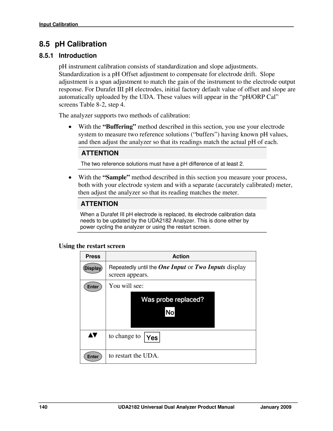 Honeywell UDA2182 manual PH Calibration, Using the restart screen 