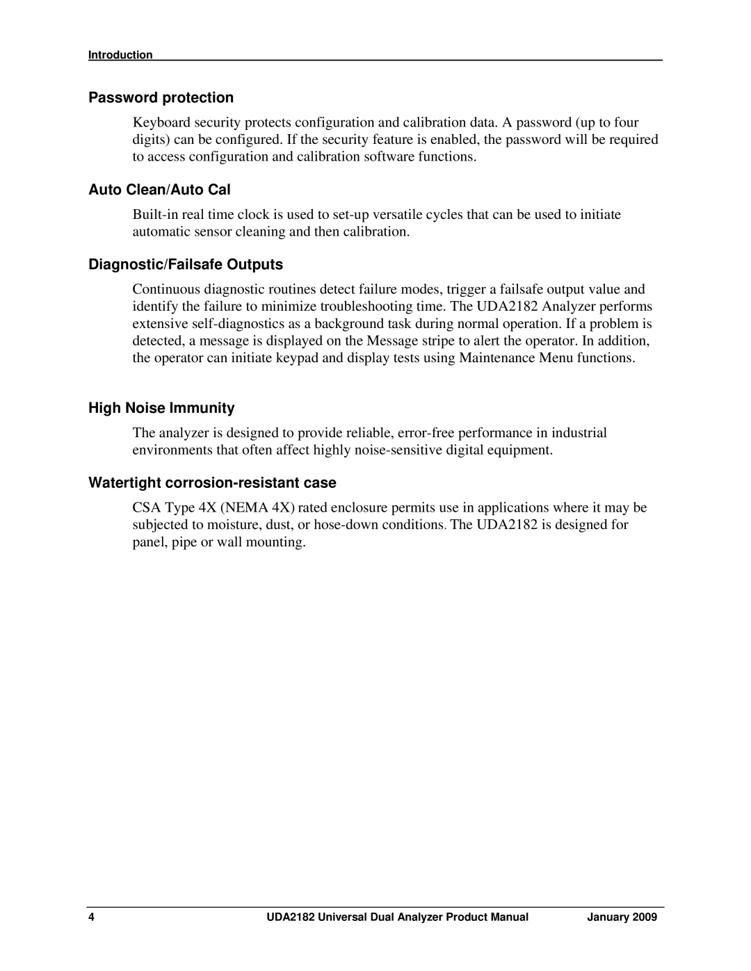 Honeywell UDA2182 manual Password protection, Auto Clean/Auto Cal, Diagnostic/Failsafe Outputs, High Noise Immunity 