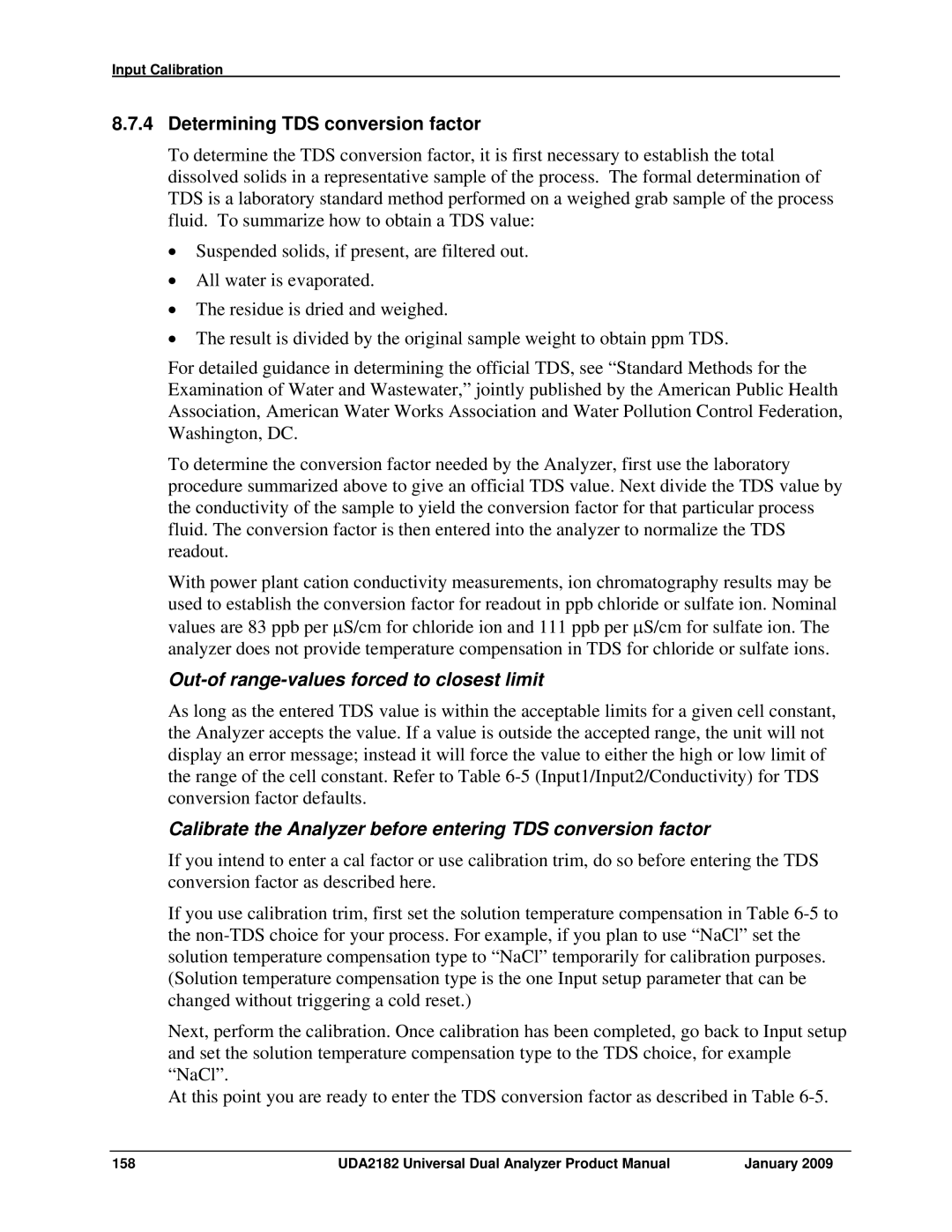 Honeywell UDA2182 manual Determining TDS conversion factor, Out-of range-values forced to closest limit 