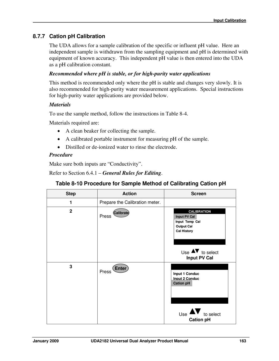 Honeywell UDA2182 Cation pH Calibration, Procedure for Sample Method of Calibrating Cation pH, Input PV Cal Enter Press 