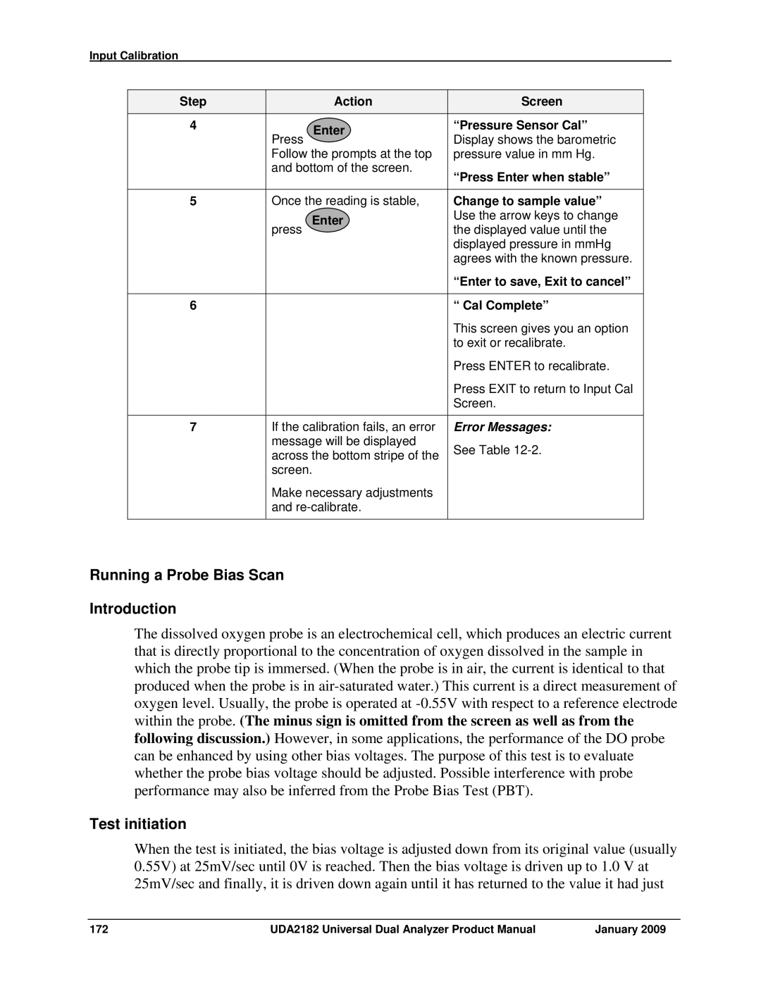 Honeywell UDA2182 manual Running a Probe Bias Scan Introduction, Test initiation, Pressure Sensor Cal 