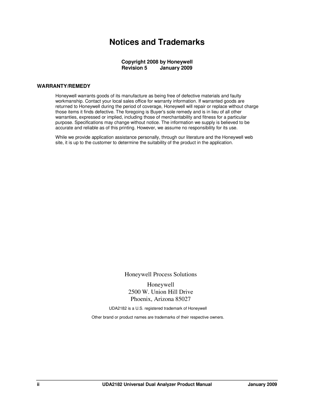 Honeywell UDA2182 manual Copyright 2008 by Honeywell Revision January, Warranty/Remedy 