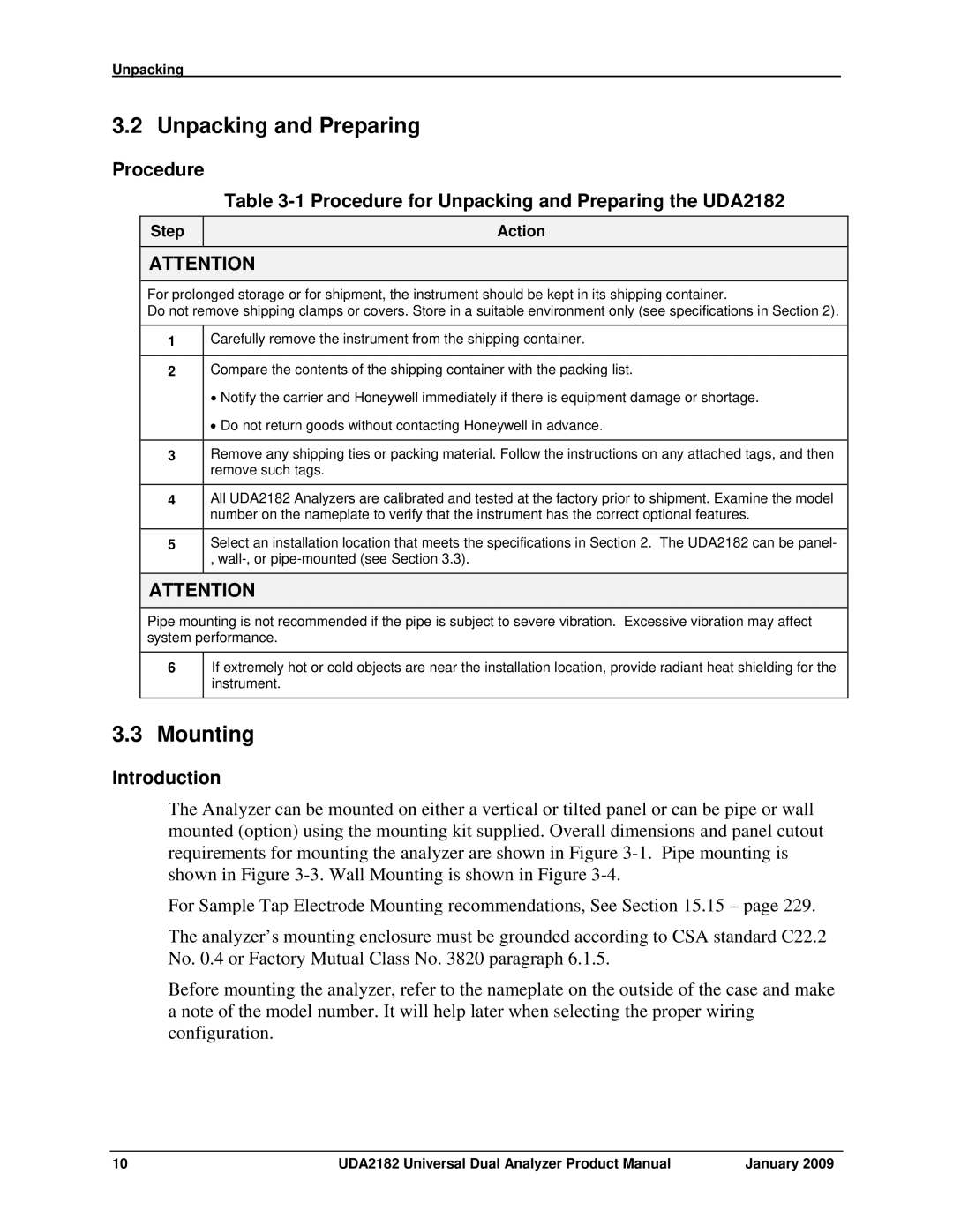 Honeywell manual Mounting, Procedure Procedure for Unpacking and Preparing the UDA2182, Step Action 