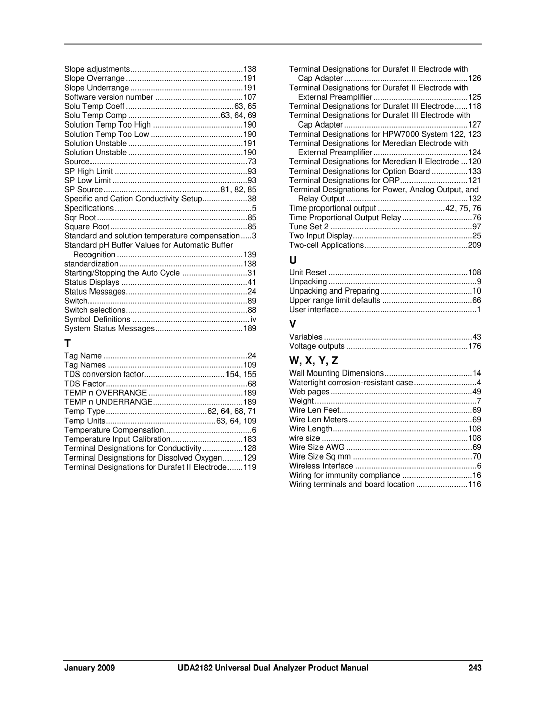 Honeywell UDA2182 manual Y, Z 