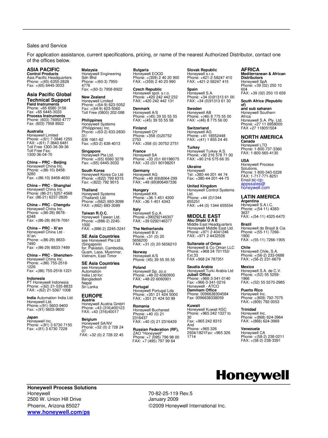 Honeywell UDA2182 manual Asia Pacific 