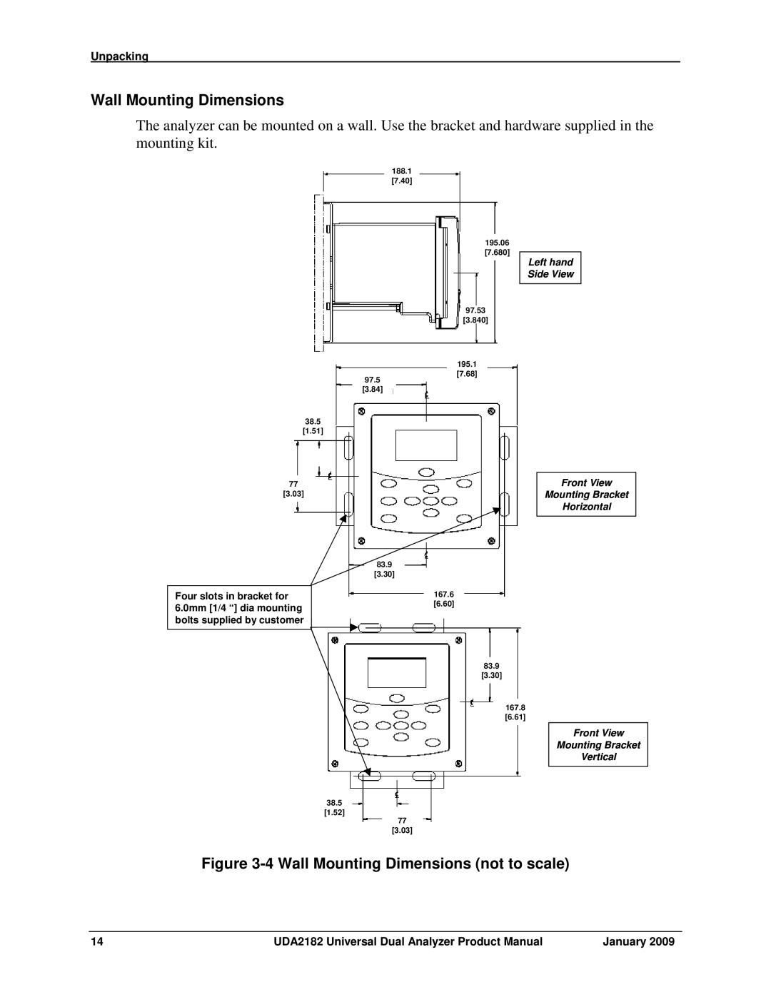 Honeywell UDA2182 manual Wall Mounting Dimensions not to scale 