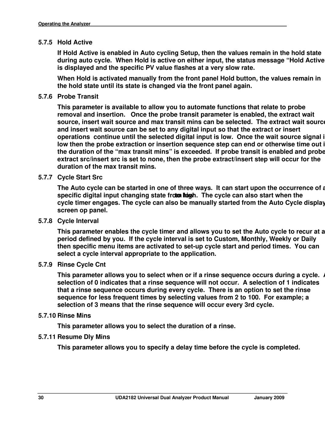 Honeywell UDA2182 manual Hold Active, Probe Transit, Cycle Start Src, Cycle Interval, Rinse Cycle Cnt, Rinse Mins 
