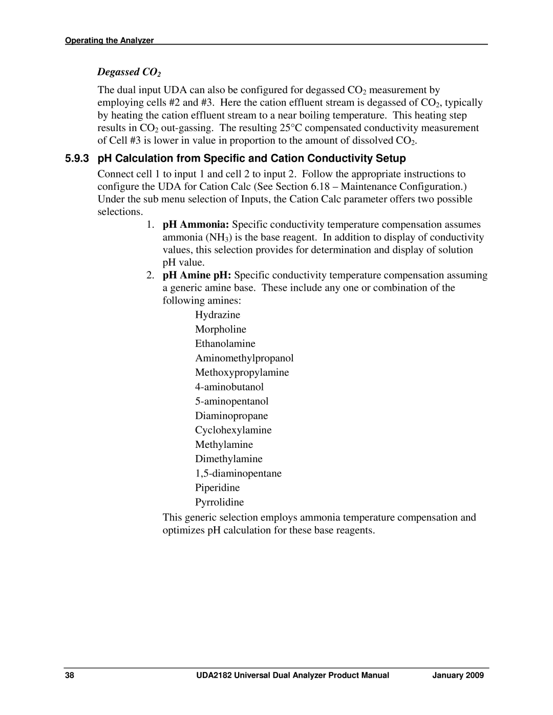 Honeywell UDA2182 manual Degassed CO2, PH Calculation from Specific and Cation Conductivity Setup 