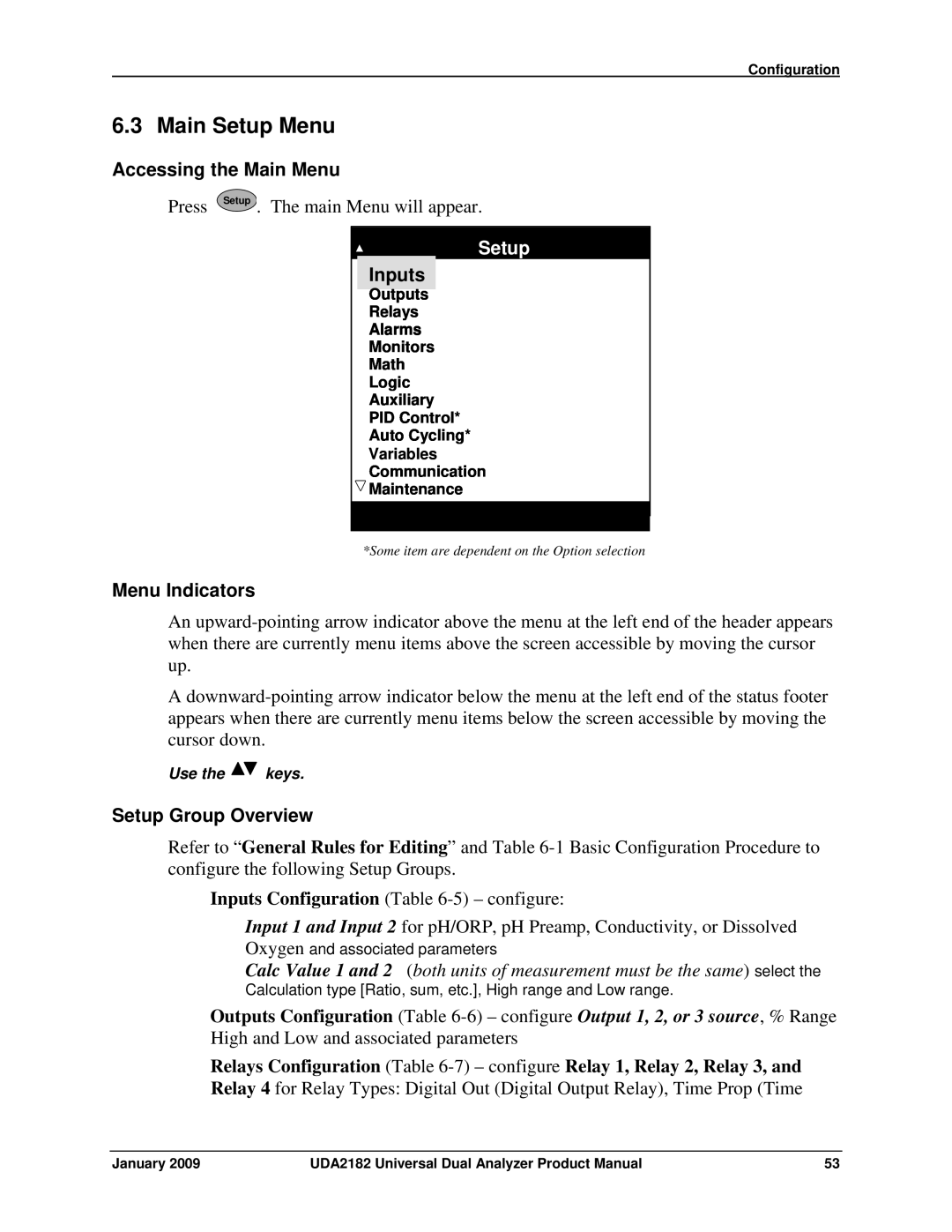 Honeywell UDA2182 manual Main Setup Menu, Accessing the Main Menu, Setup Group Overview 