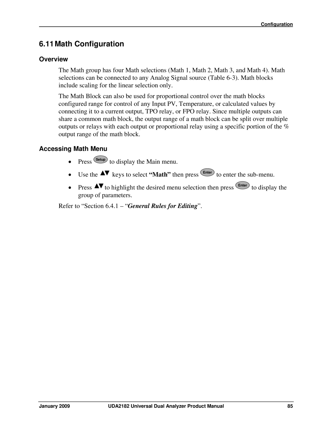 Honeywell UDA2182 manual 11Math Configuration, Accessing Math Menu 