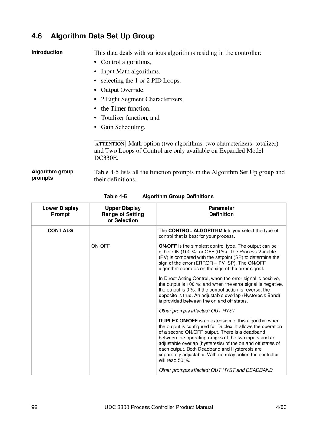 Honeywell UDC 3300 manual Introduction Algorithm group prompts, Algorithm Group Definitions Lower Display Prompt 