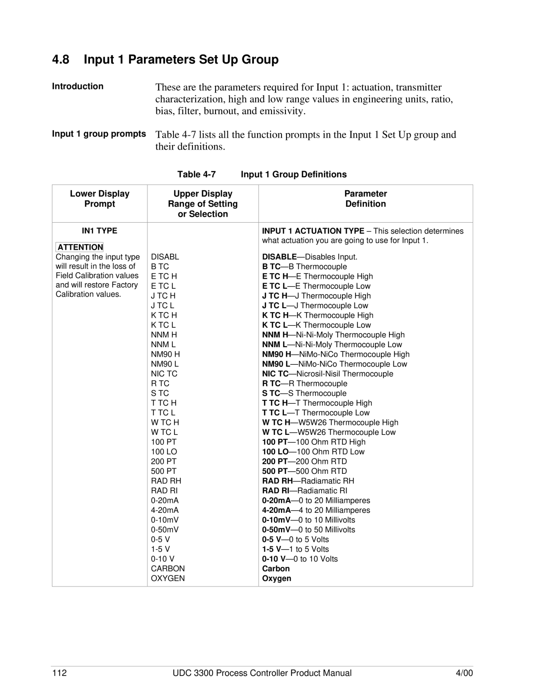 Honeywell UDC 3300 manual Bias, filter, burnout, and emissivity, Input 1 group prompts Lower Display Prompt, IN1 Type 