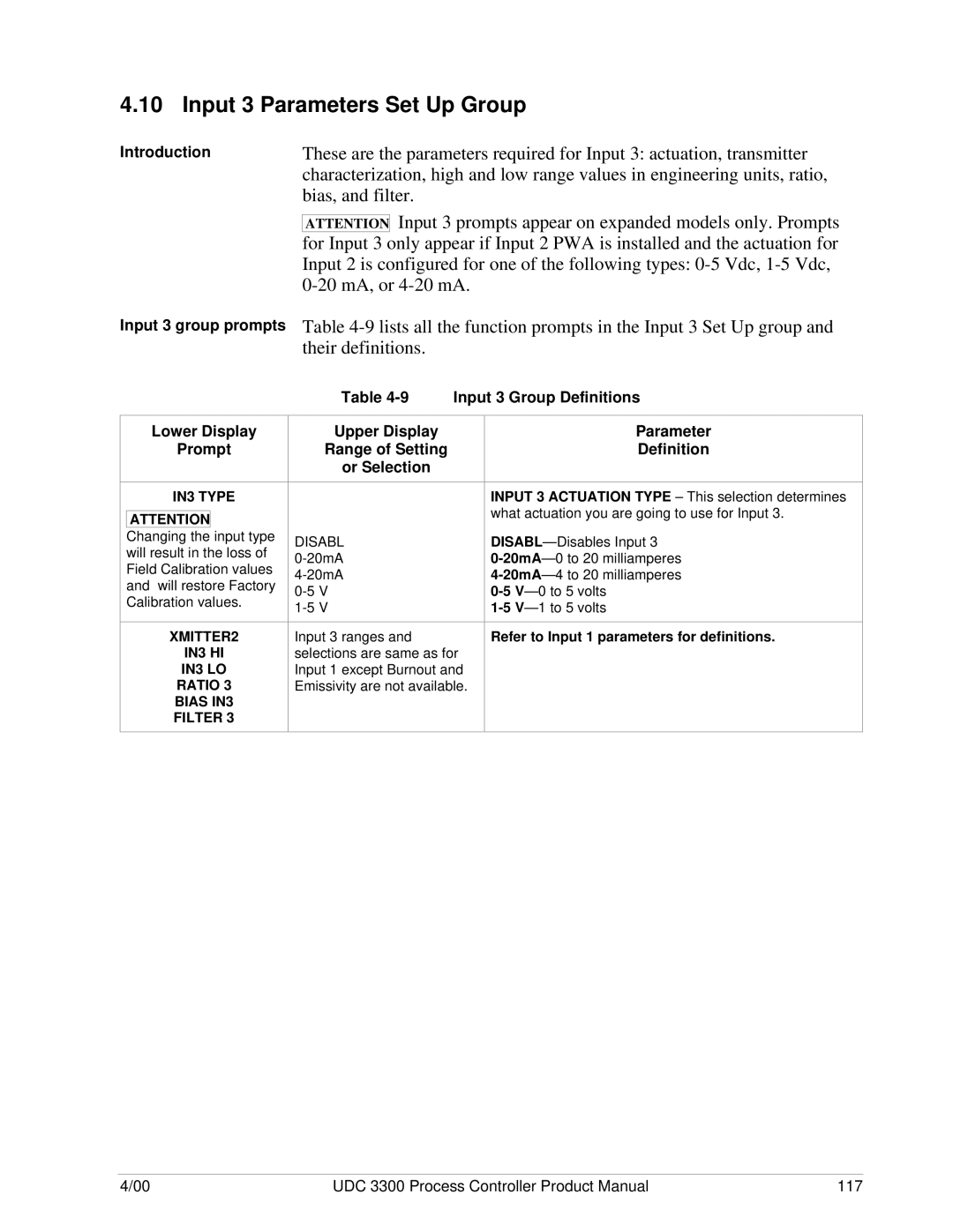 Honeywell UDC 3300 manual Introduction Input 3 group prompts Lower Display Prompt, Input 3 Group Definitions, IN3 Type 