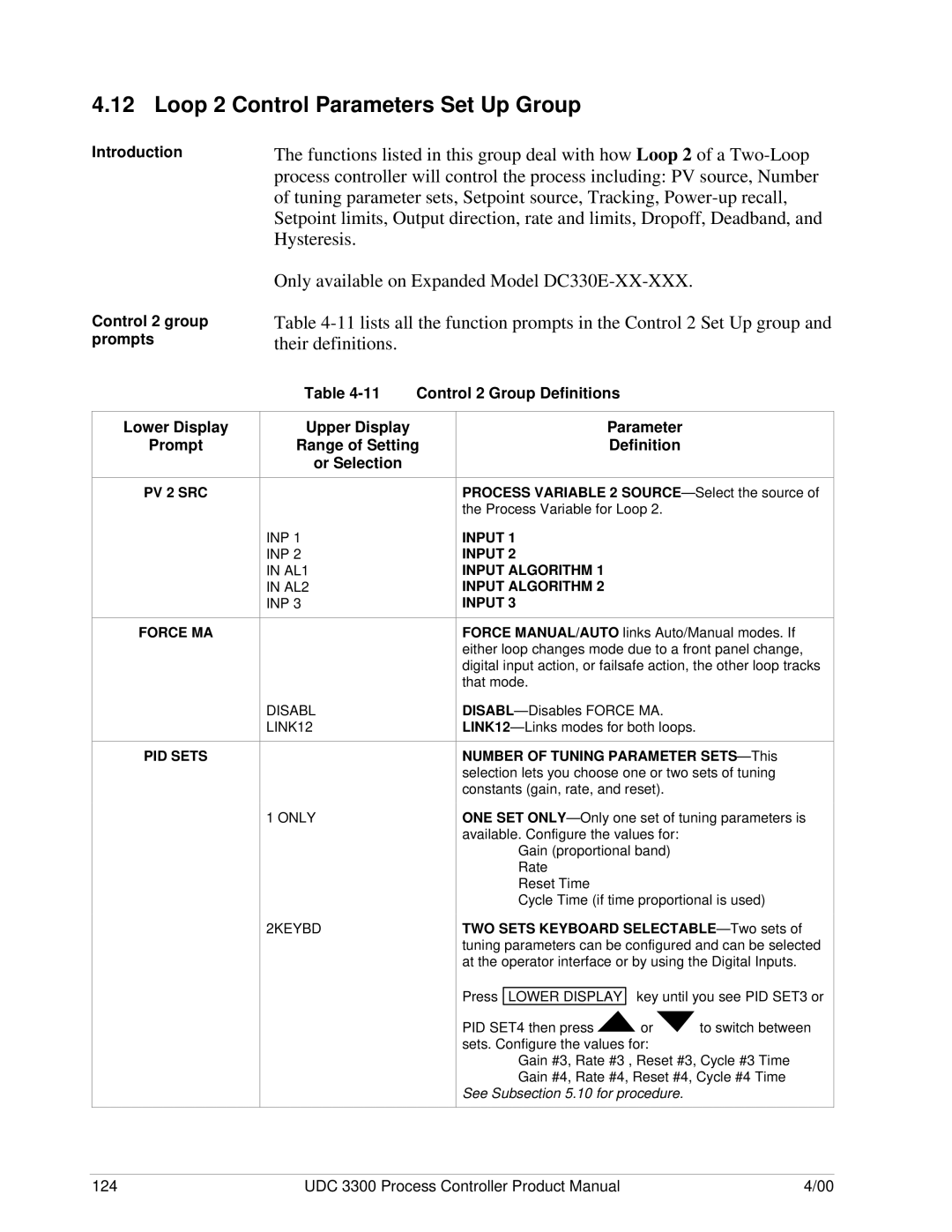 Honeywell UDC 3300 manual Introduction Control 2 group prompts, Control 2 Group Definitions Lower Display Prompt, PV 2 SRC 