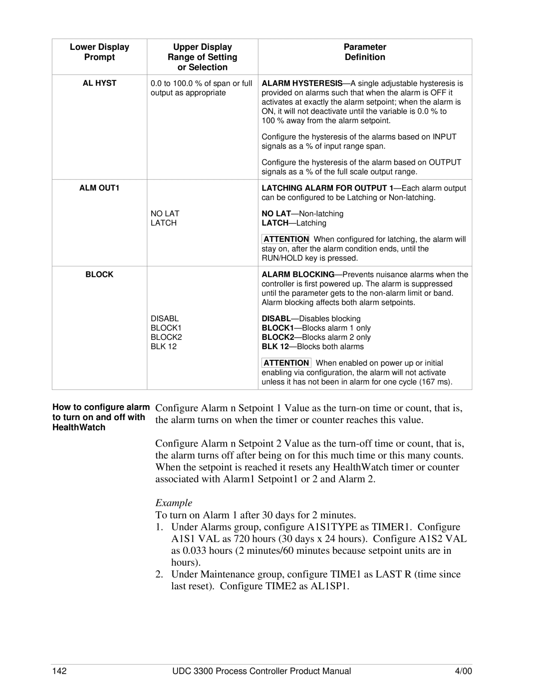 Honeywell UDC 3300 manual How to configure alarm to turn on and off with HealthWatch, AL Hyst ALM OUT1 Block 