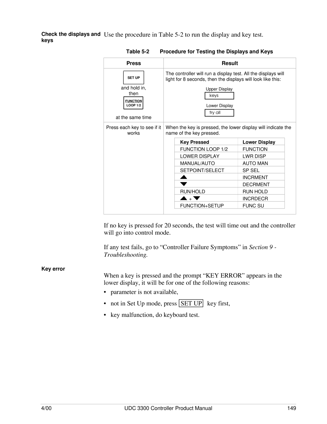 Honeywell UDC 3300 manual Keys Procedure for Testing the Displays and Keys Press, Key Pressed Lower Display 