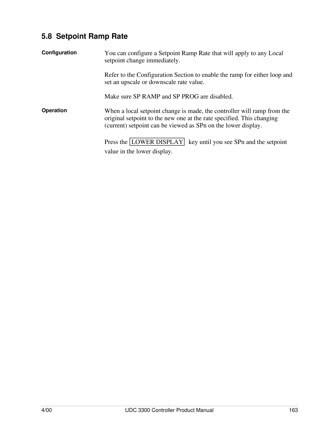 Honeywell UDC 3300 manual Setpoint Ramp Rate, Configuration Operation 