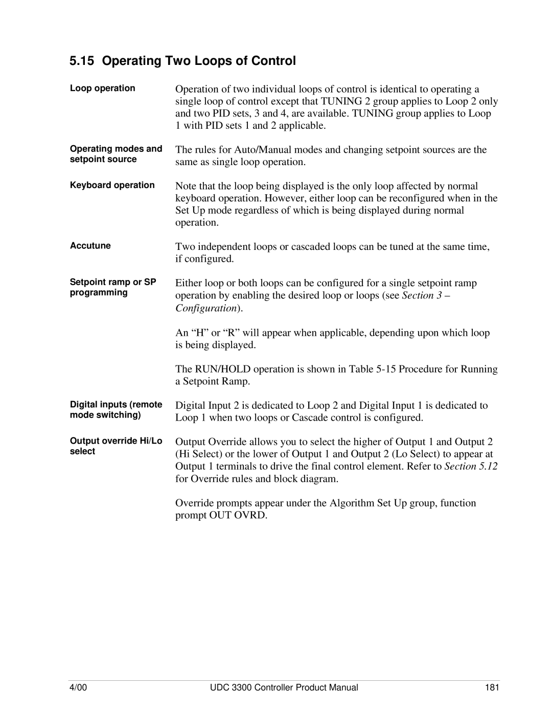 Honeywell UDC 3300 Operating Two Loops of Control, Loop operation, Operating modes and setpoint source Keyboard operation 