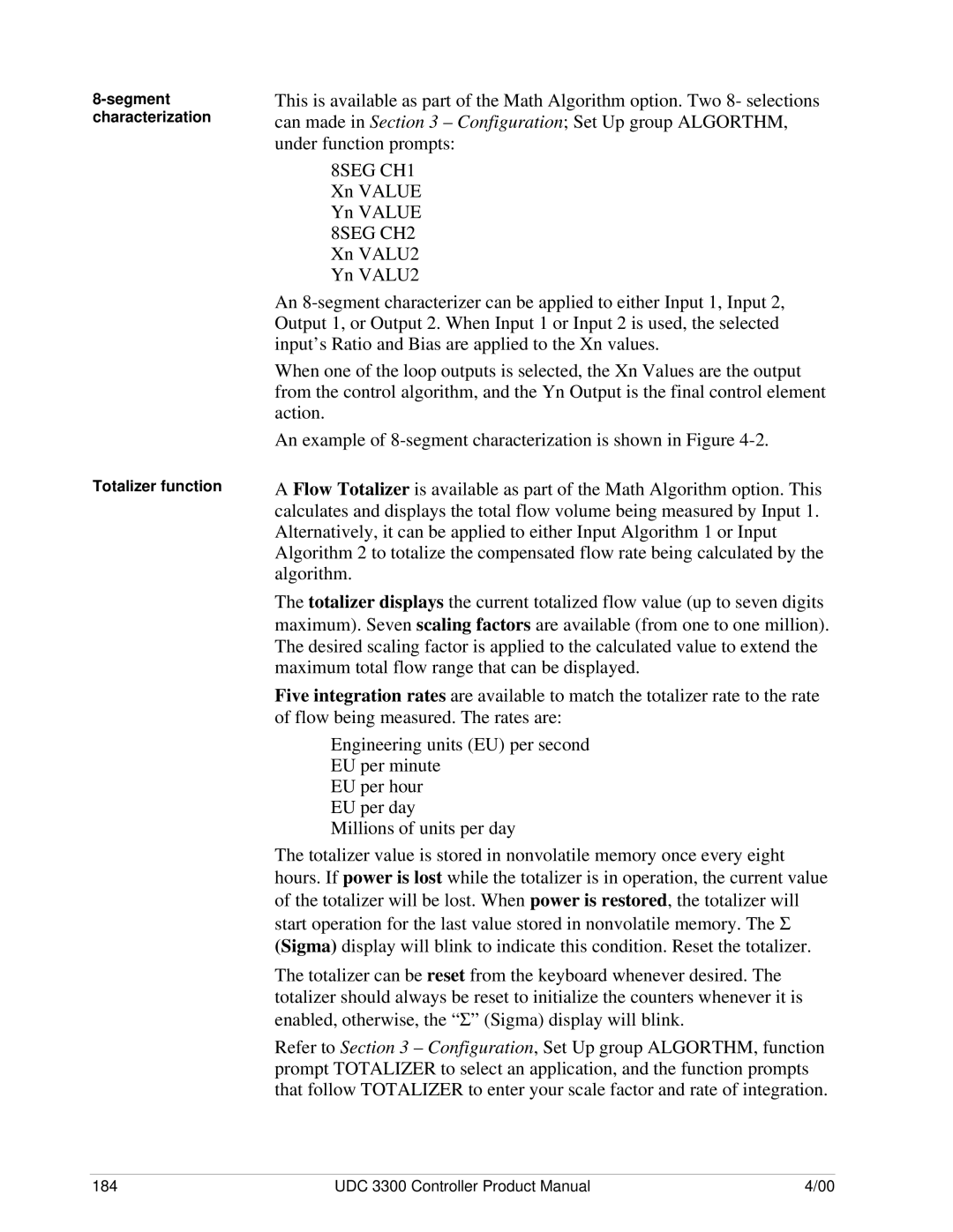 Honeywell UDC 3300 manual Xn Value Yn Value, Segment characterization Totalizer function 