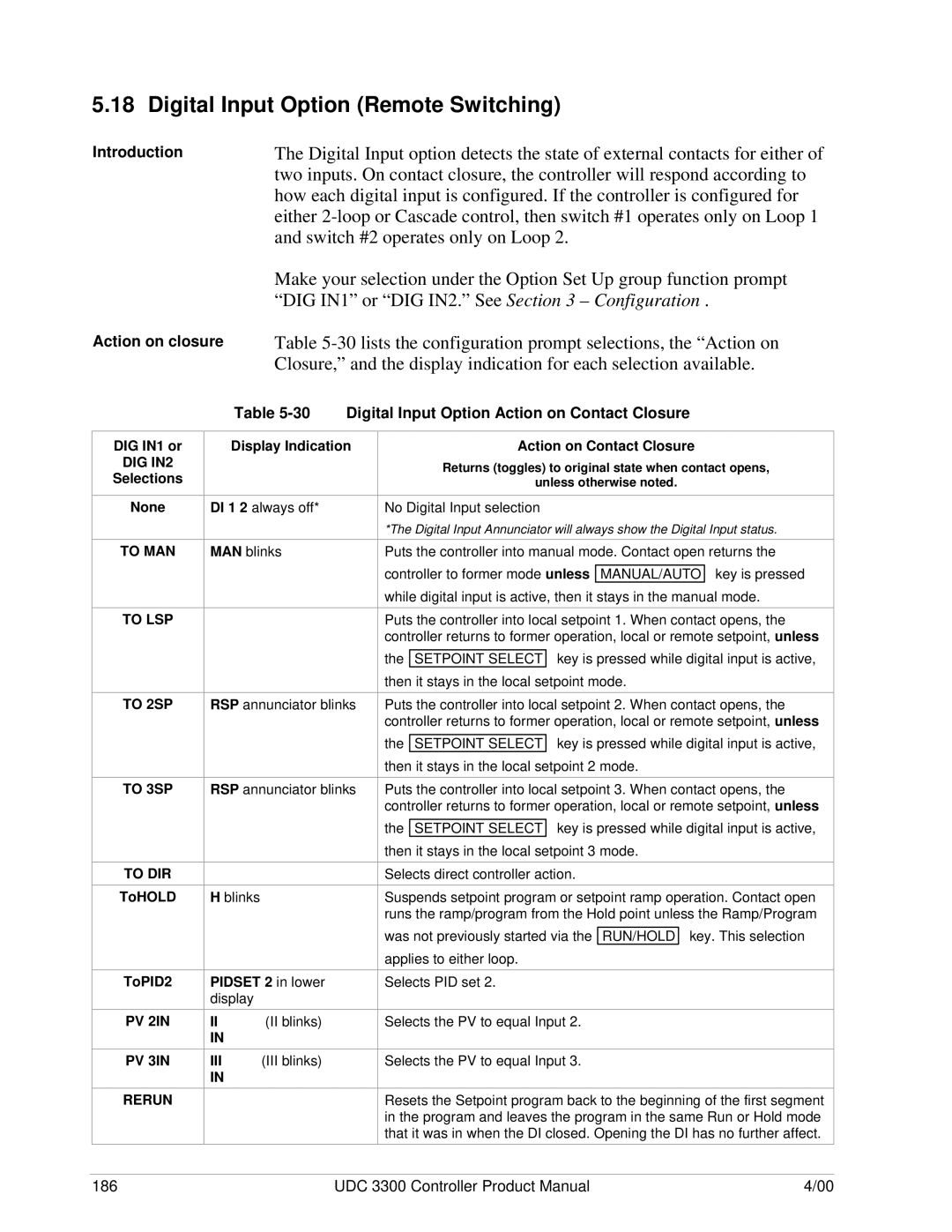 Honeywell UDC 3300 manual Digital Input Option Remote Switching, Introduction Action on closure 