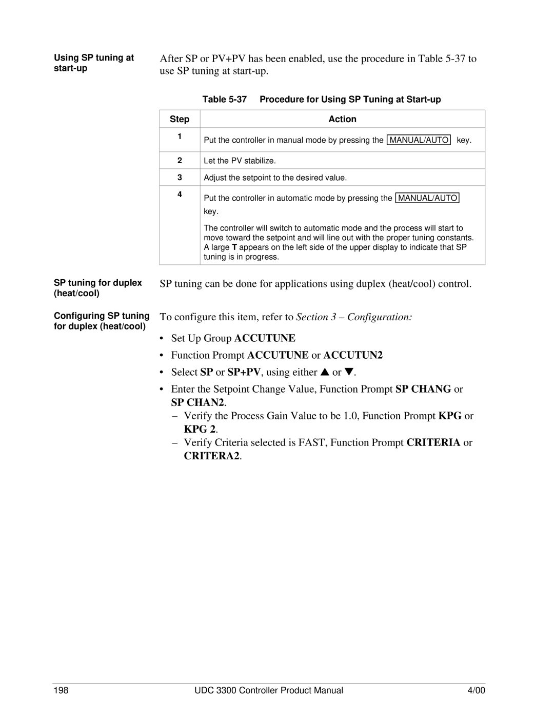 Honeywell UDC 3300 Using SP tuning at start-up, Procedure for Using SP Tuning at Start-up, Step Action, Manual/Auto, Key 