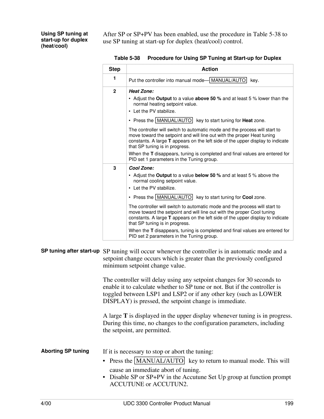 Honeywell UDC 3300 manual Using SP tuning at start-up for duplex heat/cool, SP tuning after start-up Aborting SP tuning 