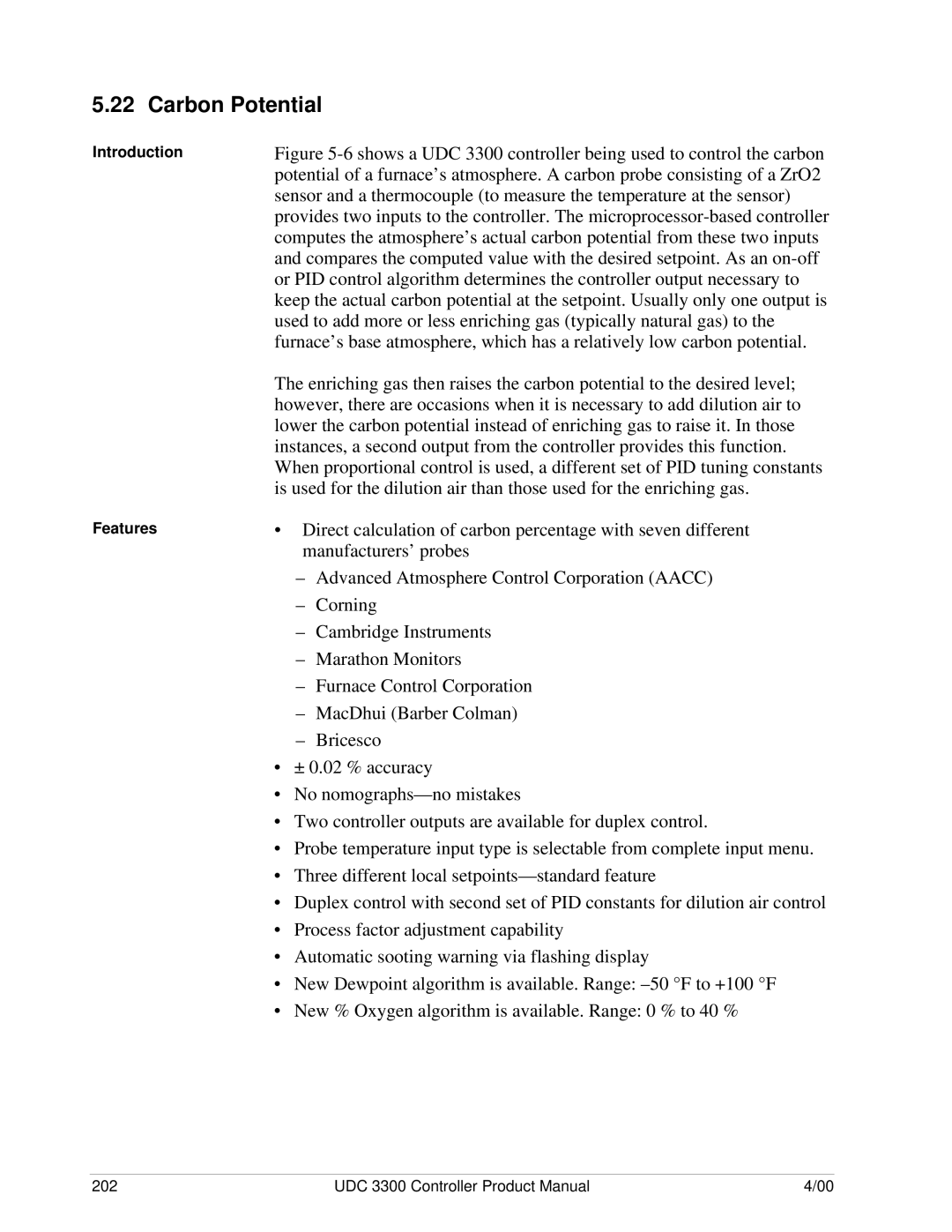 Honeywell UDC 3300 manual Carbon Potential, Introduction Features 