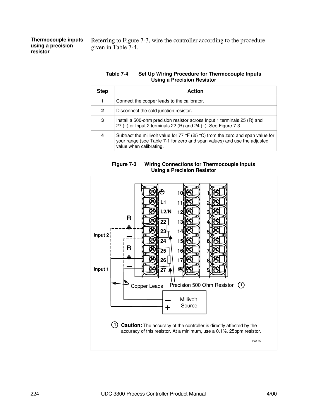 Honeywell UDC 3300 manual Thermocouple inputs using a precision resistor 