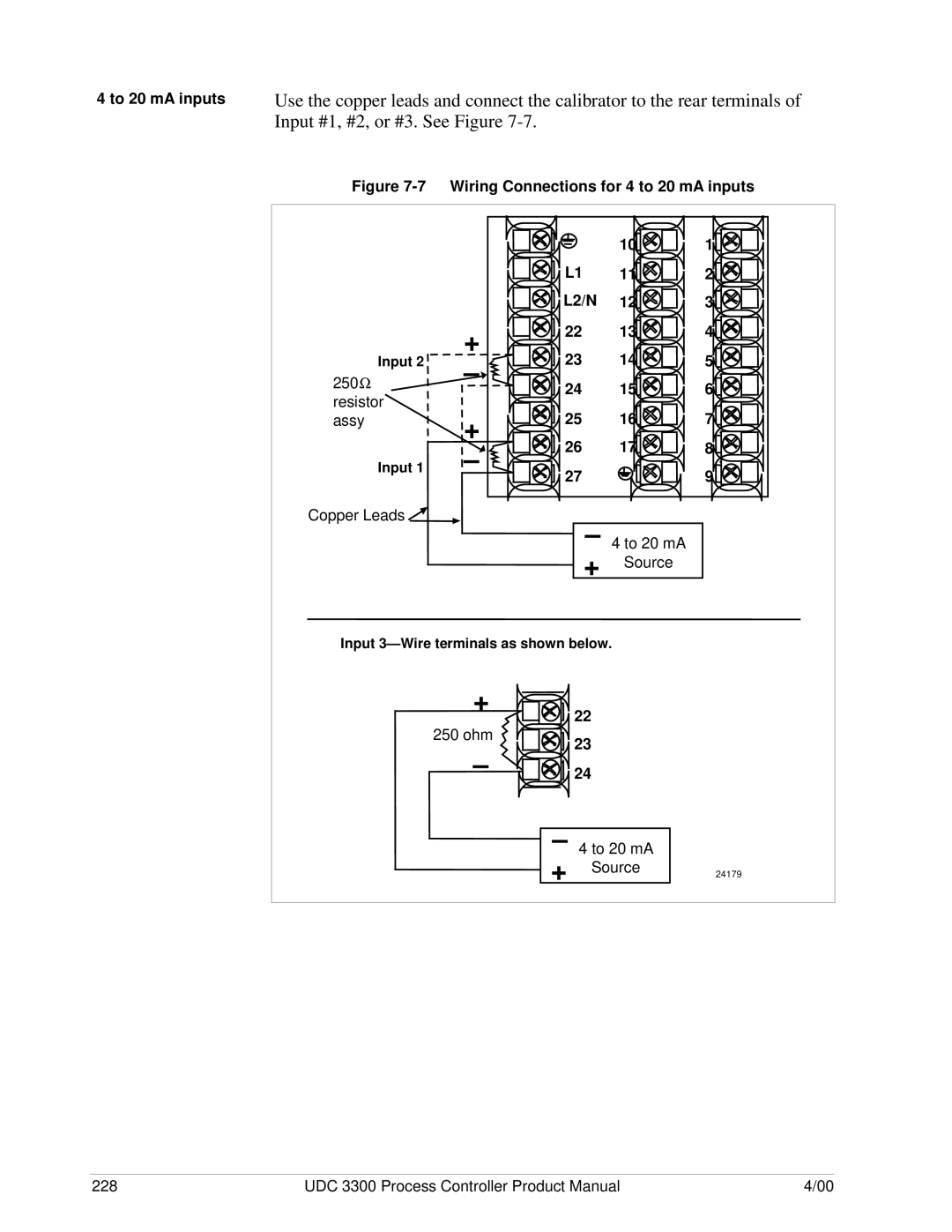 Honeywell UDC 3300 manual To 20 mA inputs, 250Ω Resistor Assy, Copper Leads To 20 mA Source 