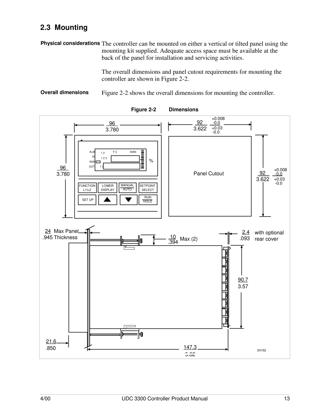 Honeywell UDC 3300 manual Mounting, Physical considerations Overall dimensions, Dimensions 