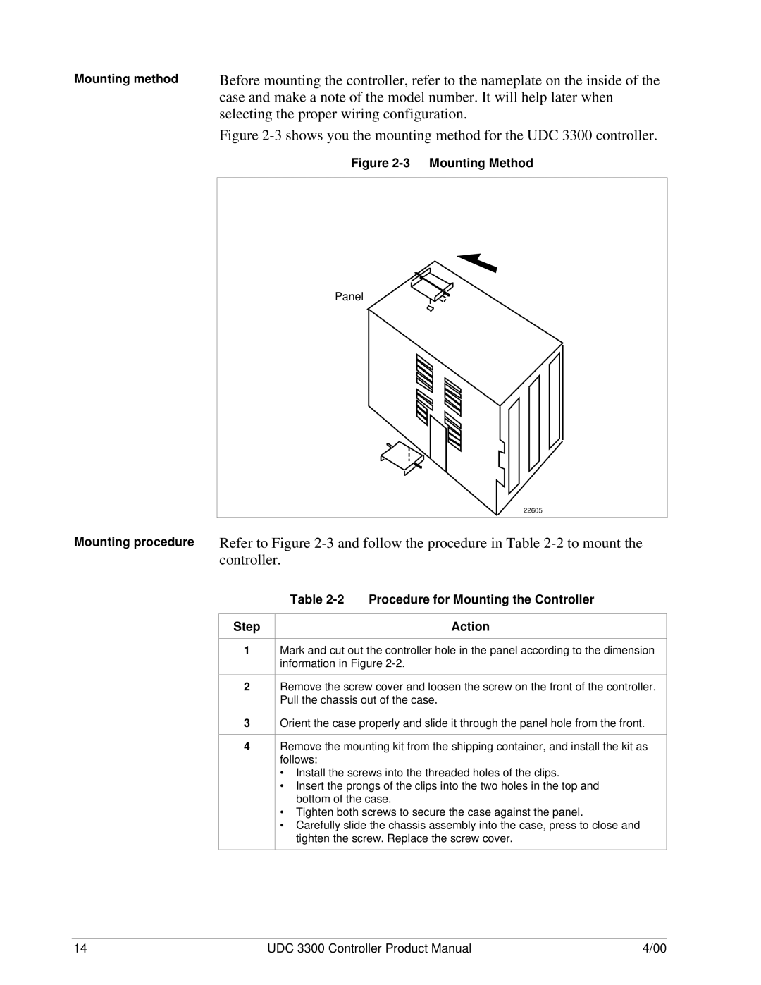 Honeywell UDC 3300 Refer to -3 and follow the procedure in -2 to mount, Controller, Mounting method, Mounting procedure 