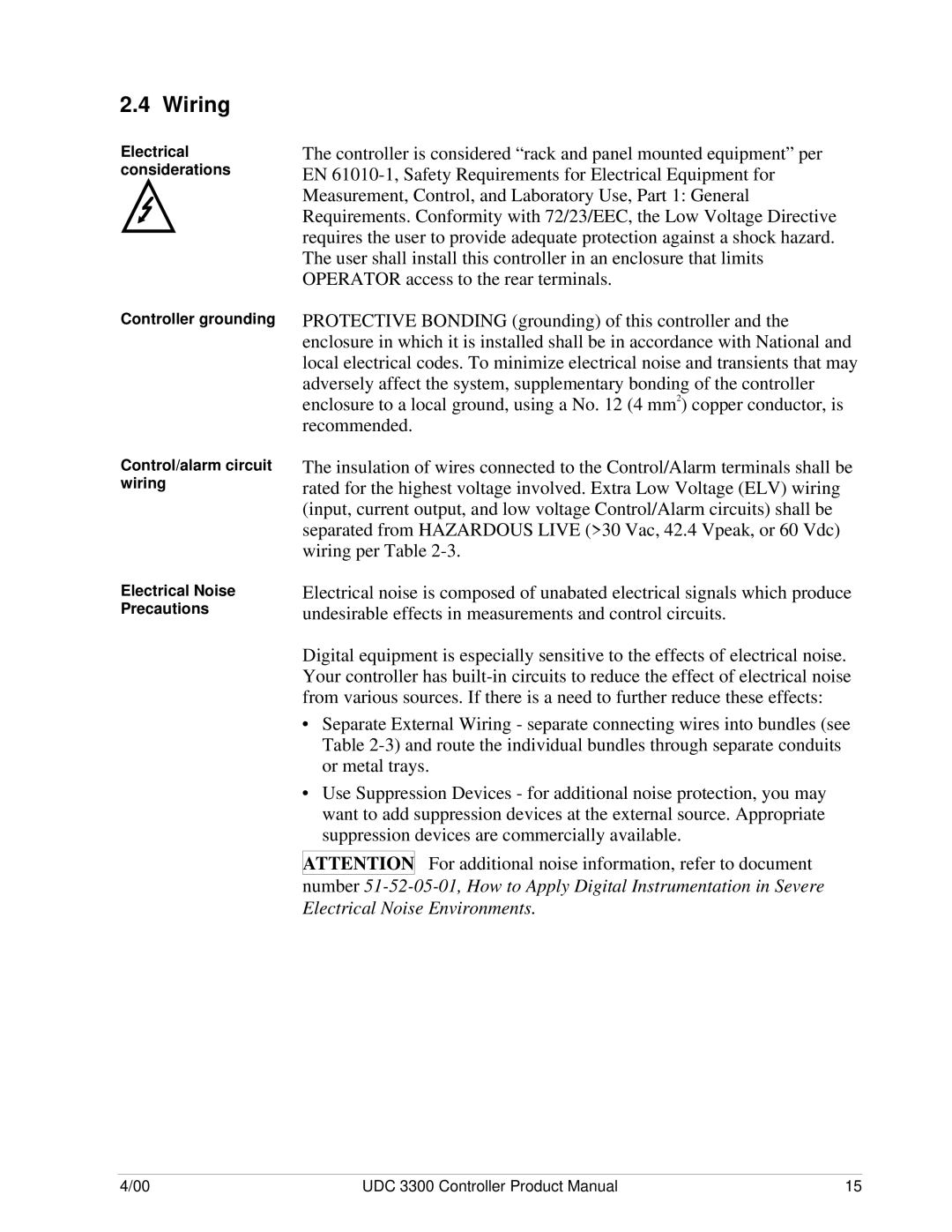 Honeywell UDC 3300 manual Wiring, Electrical considerations, Control/alarm circuit wiring, Electrical Noise Precautions 