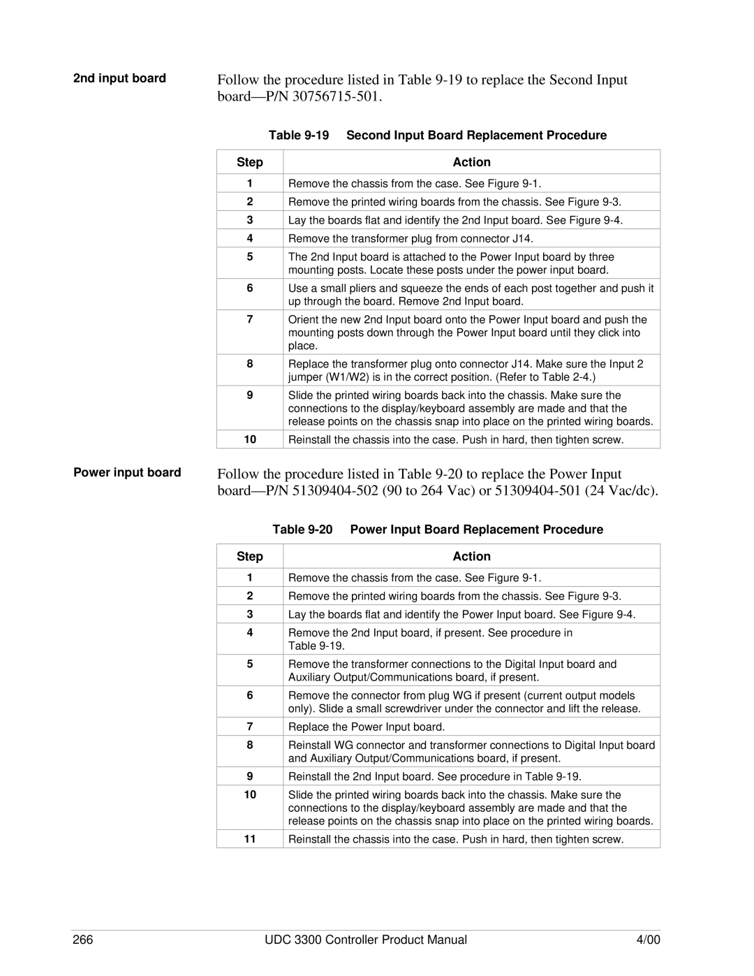 Honeywell UDC 3300 manual 2nd input board, Second Input Board Replacement Procedure Step Action, Power input board 