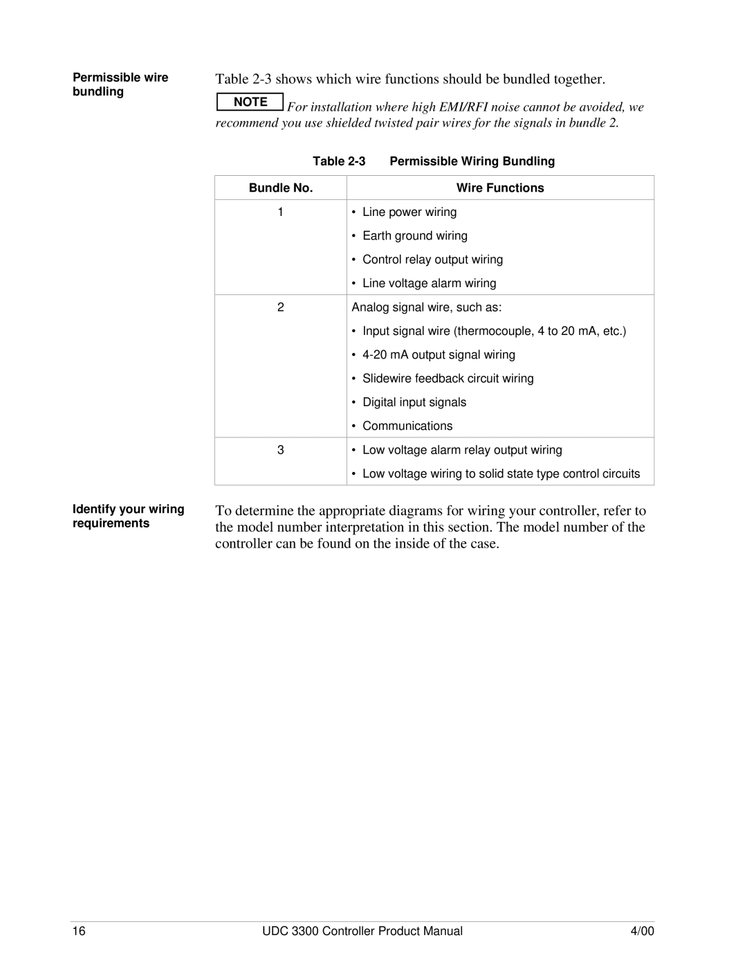 Honeywell UDC 3300 manual Shows which wire functions should be bundled together, Permissible wire bundling 