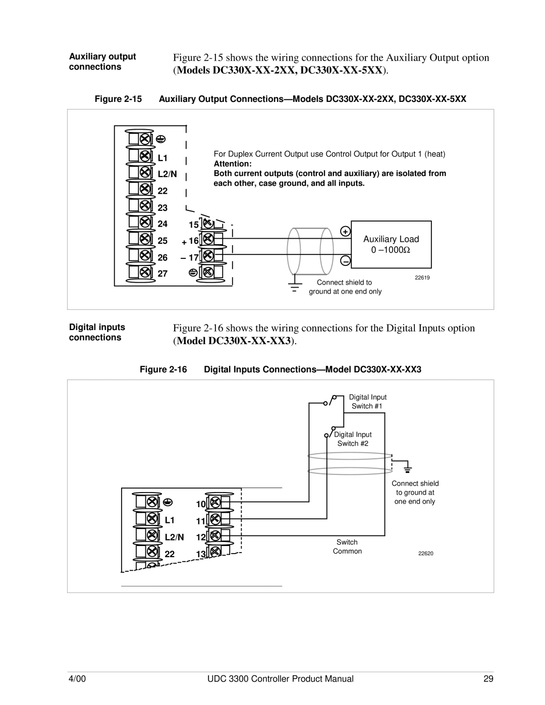 Honeywell UDC 3300 manual Auxiliary output connections, Auxiliary Load, 1000 Ω, Digital inputs connections 