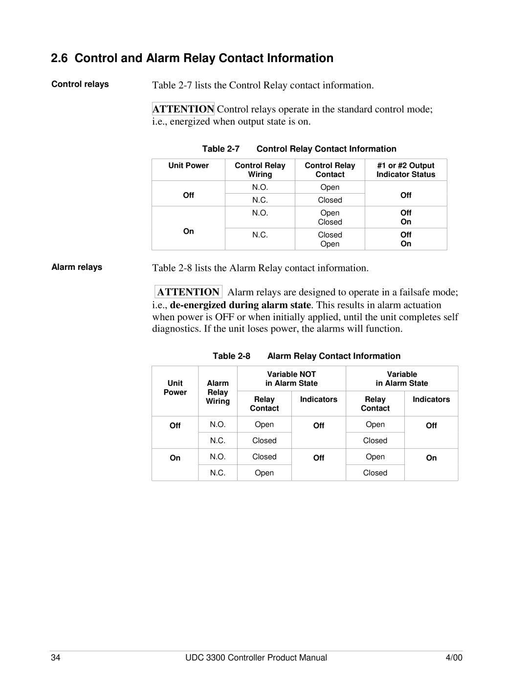 Honeywell UDC 3300 manual Control and Alarm Relay Contact Information, Lists the Control Relay contact information 