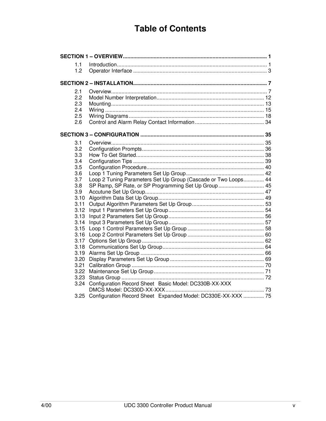 Honeywell UDC 3300 manual Table of Contents 