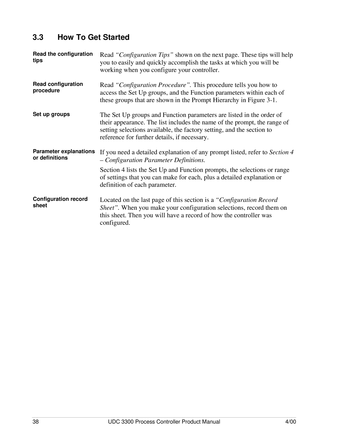 Honeywell UDC 3300 manual How To Get Started, Configuration record sheet, Parameter explanations or definitions 