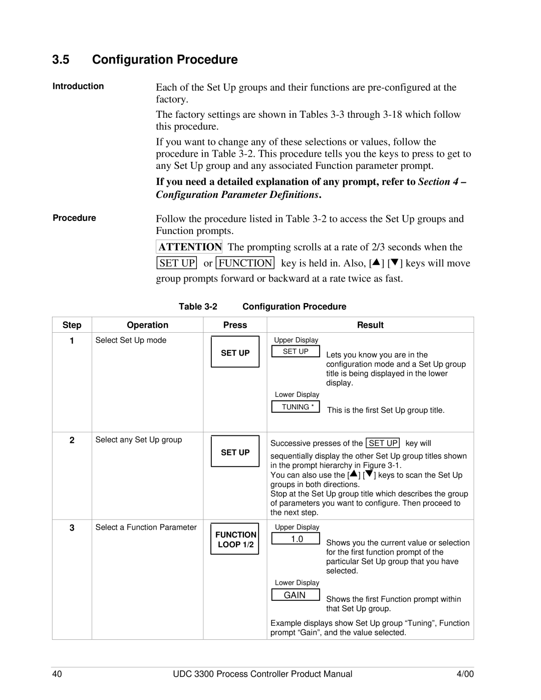 Honeywell UDC 3300 manual Introduction Procedure, Configuration Procedure Step Operation, Press, Result 