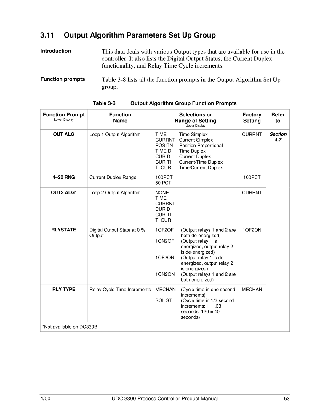 Honeywell UDC 3300 Output Algorithm Parameters Set Up Group, Output Algorithm Group Function Prompts, Out Alg, RLY Type 