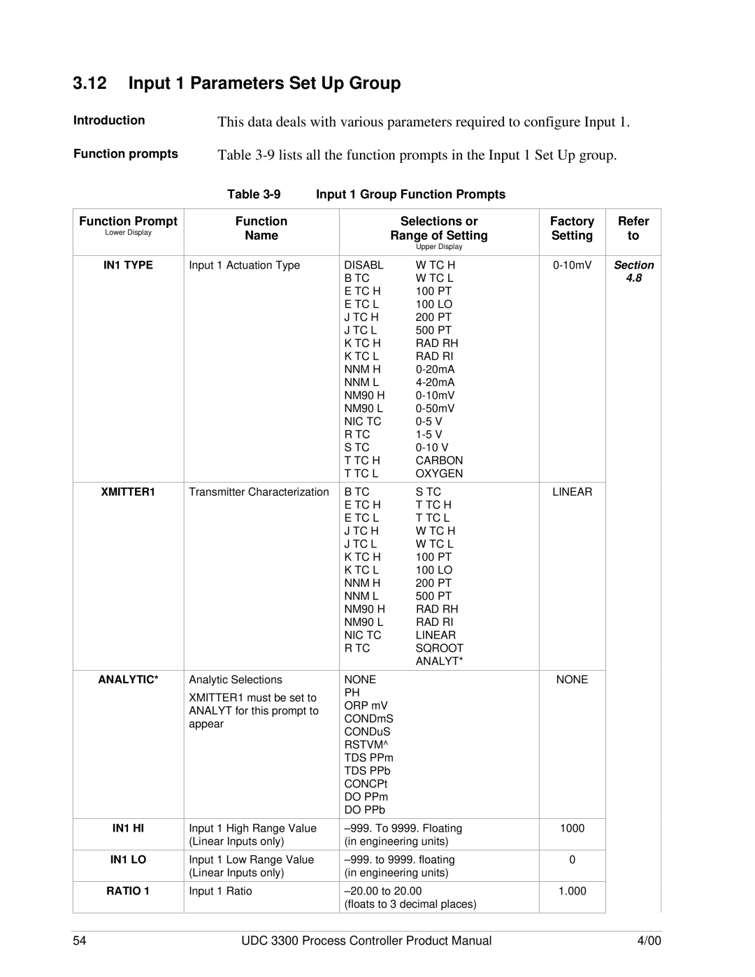 Honeywell UDC 3300 manual Input 1 Parameters Set Up Group, Input 1 Group Function Prompts Selections or, IN1 Type XMITTER1 