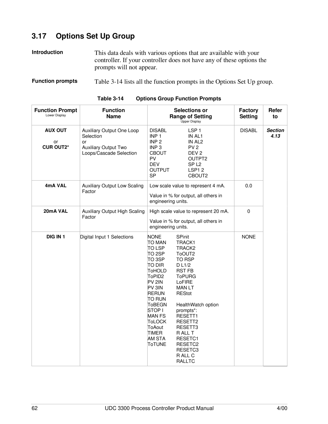 Honeywell UDC 3300 Options Set Up Group, Prompts will not appear, Options Group Function Prompts, AUX OUT CUR OUT2, Dig 