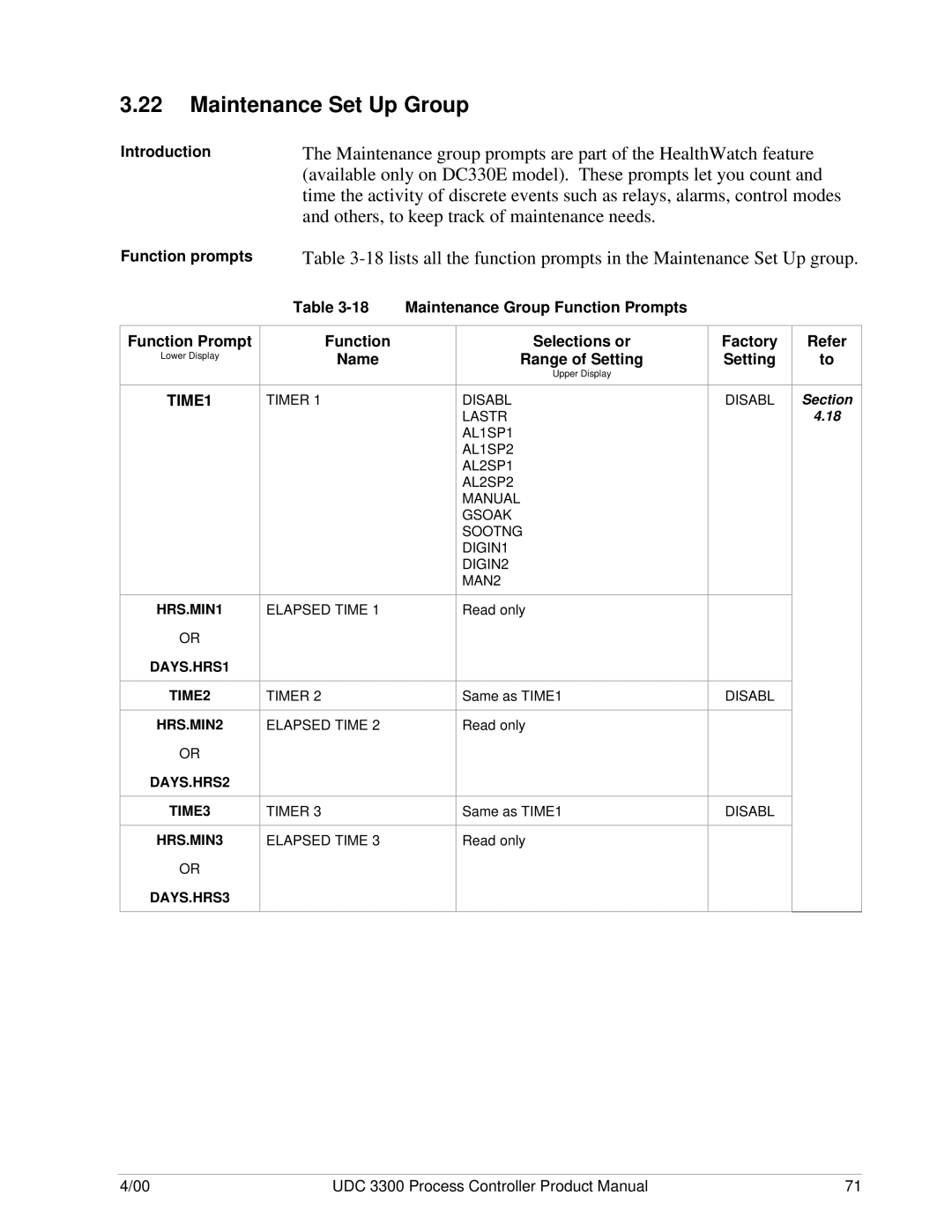 Honeywell UDC 3300 manual Maintenance Set Up Group, Available only on DC330E model. These prompts let you count 