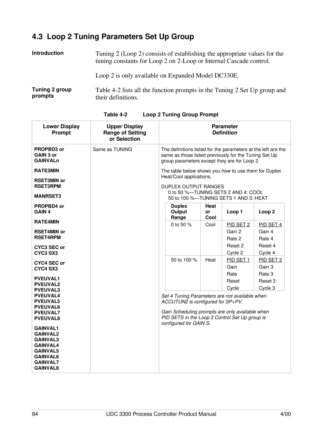 Honeywell UDC 3300 manual Loop 2 Tuning Parameters Set Up Group, Introduction Tuning 2 group prompts 