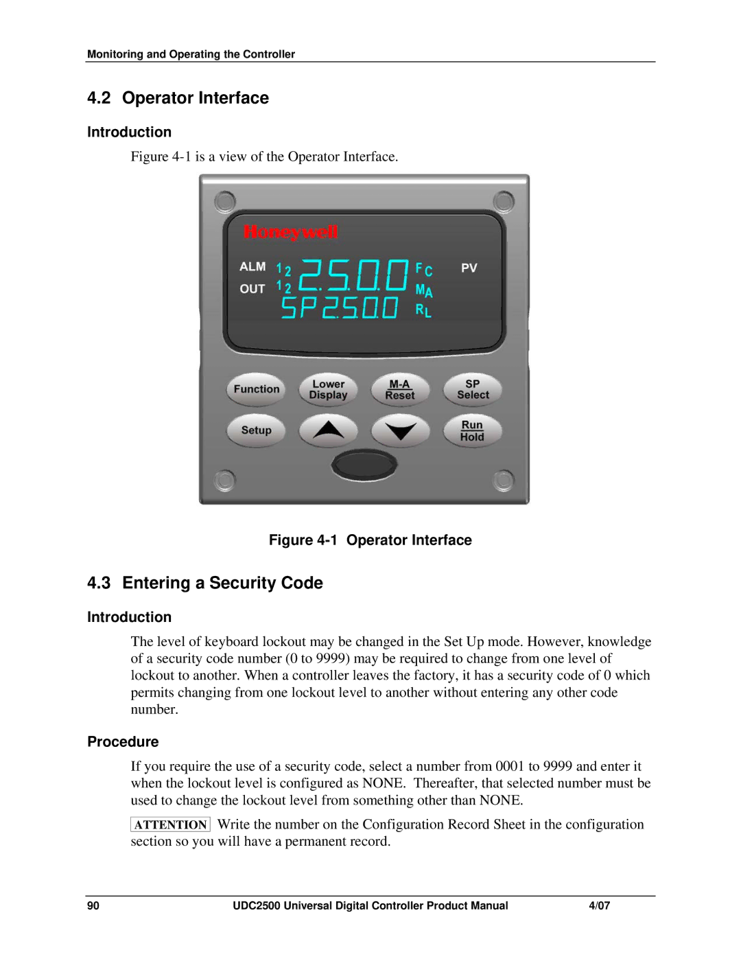 Honeywell UDC2500 manual Operator Interface, Entering a Security Code 