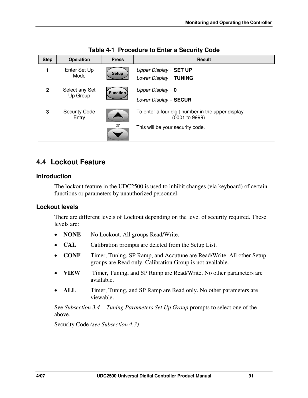 Honeywell UDC2500 manual Lockout Feature, Procedure to Enter a Security Code, Lockout levels 